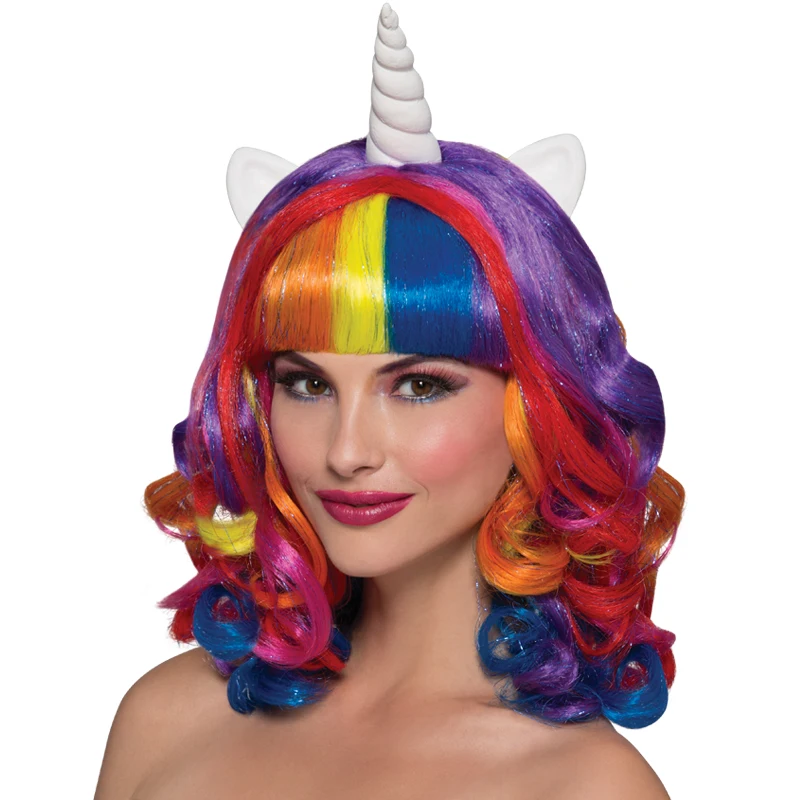 Rainbow Colored Short Curly Wig with Bangs Synthetic Wigs Women Girls Colorful Horns Wigs