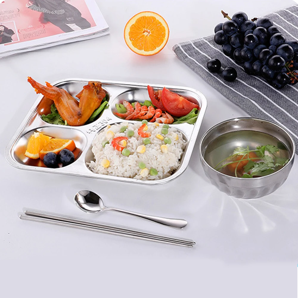 IKITCHEN 4 5 Compartment 18/8 Stainless Steel Plates Divide Food Lunch Fast Box Container Tray for School