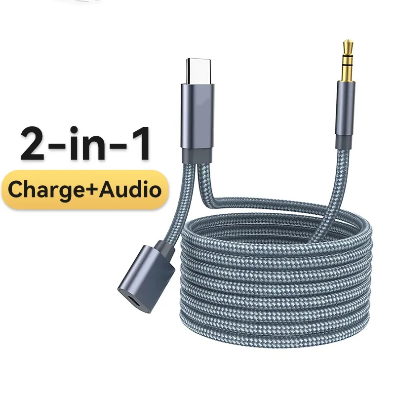 New Arrival 1.8m Nylon Braid Charge Cable And 3.5mm Audio Jack AUX Adapter USB C TO AUX Cable For Car headphone