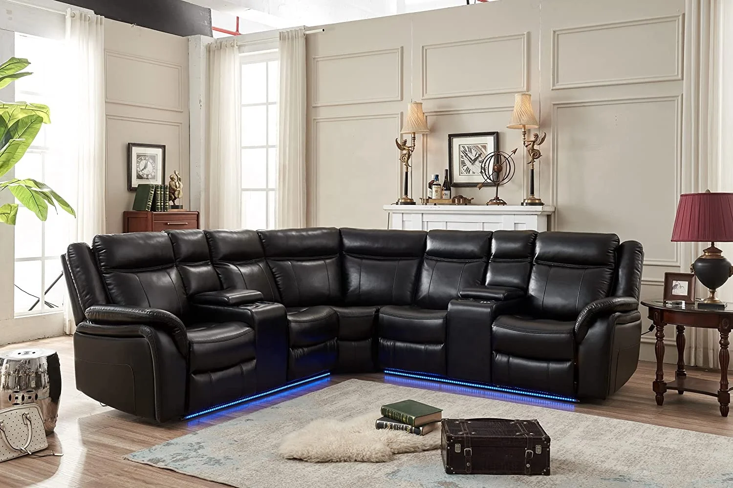 JKY Furniture Living Room Genuine Leather Manual Sectional Corner Motion Recliner Sofa Set With Massage Function And Cup Holder
