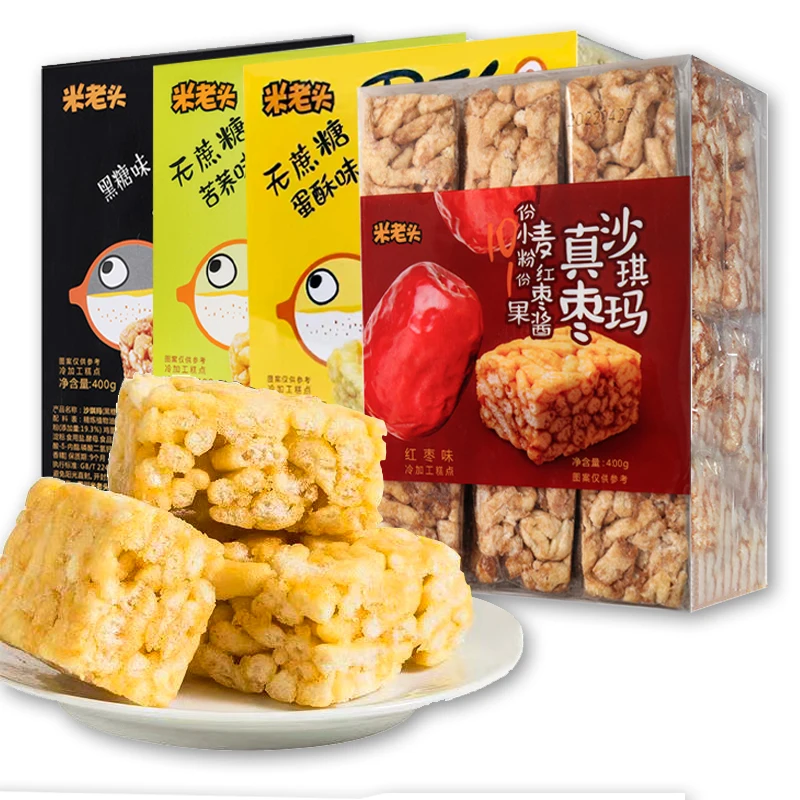 Wholesale Chinese snacks Milaotou caramel treats baked goods egg snack desserts healthy exotic pastry Sacima puff cake