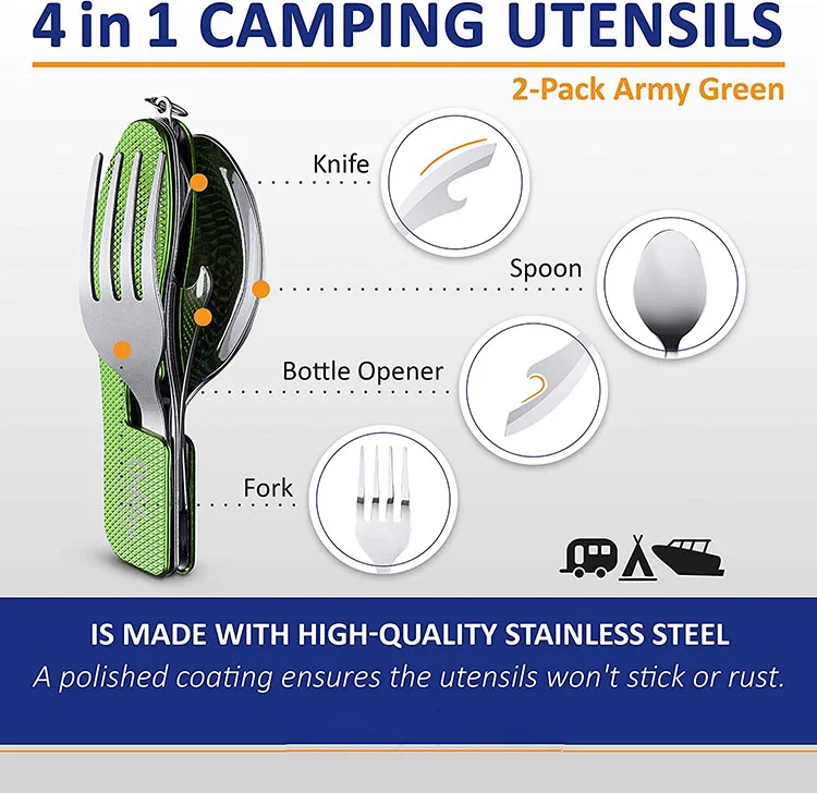 Набор вилок ложек ножей и открывалки для бутылок набор столовых приборов кемпинга оптовая продажа 4 в 1 складная нержавеющая сталь металл