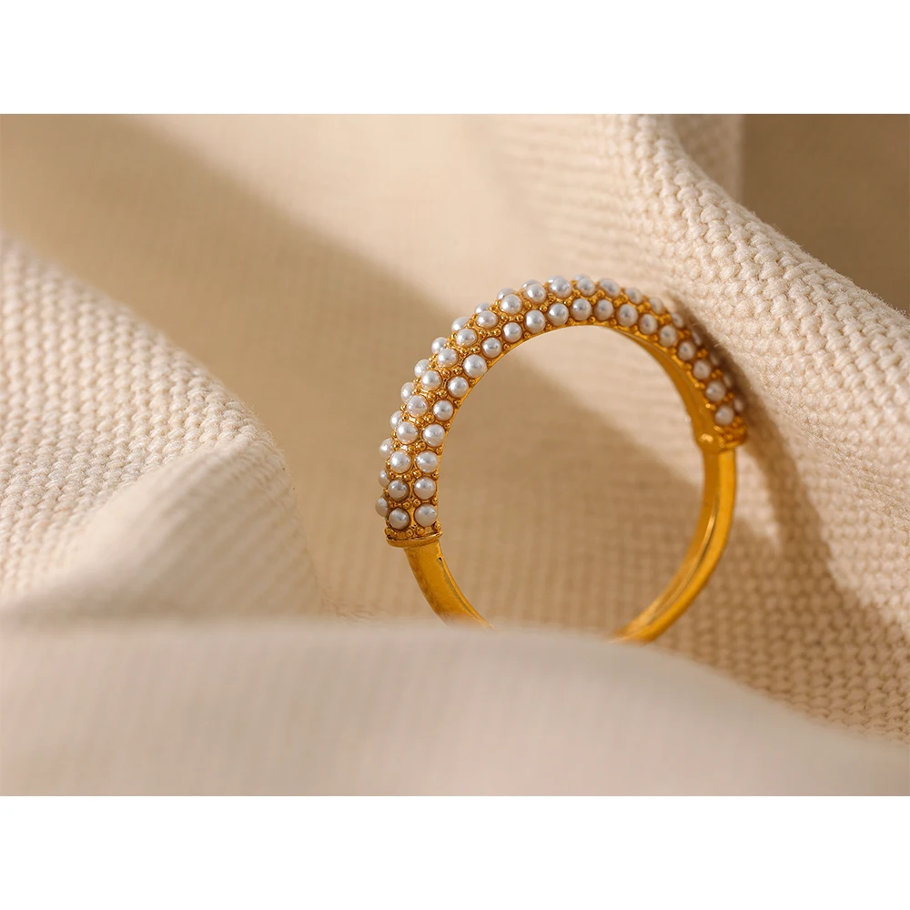 JINYOU 841 Elegant Artificial Pearls Stainless Steel Charm Chic Ring 18K Gold Plated Waterproof Trendy Fashion Romantic Jewelry