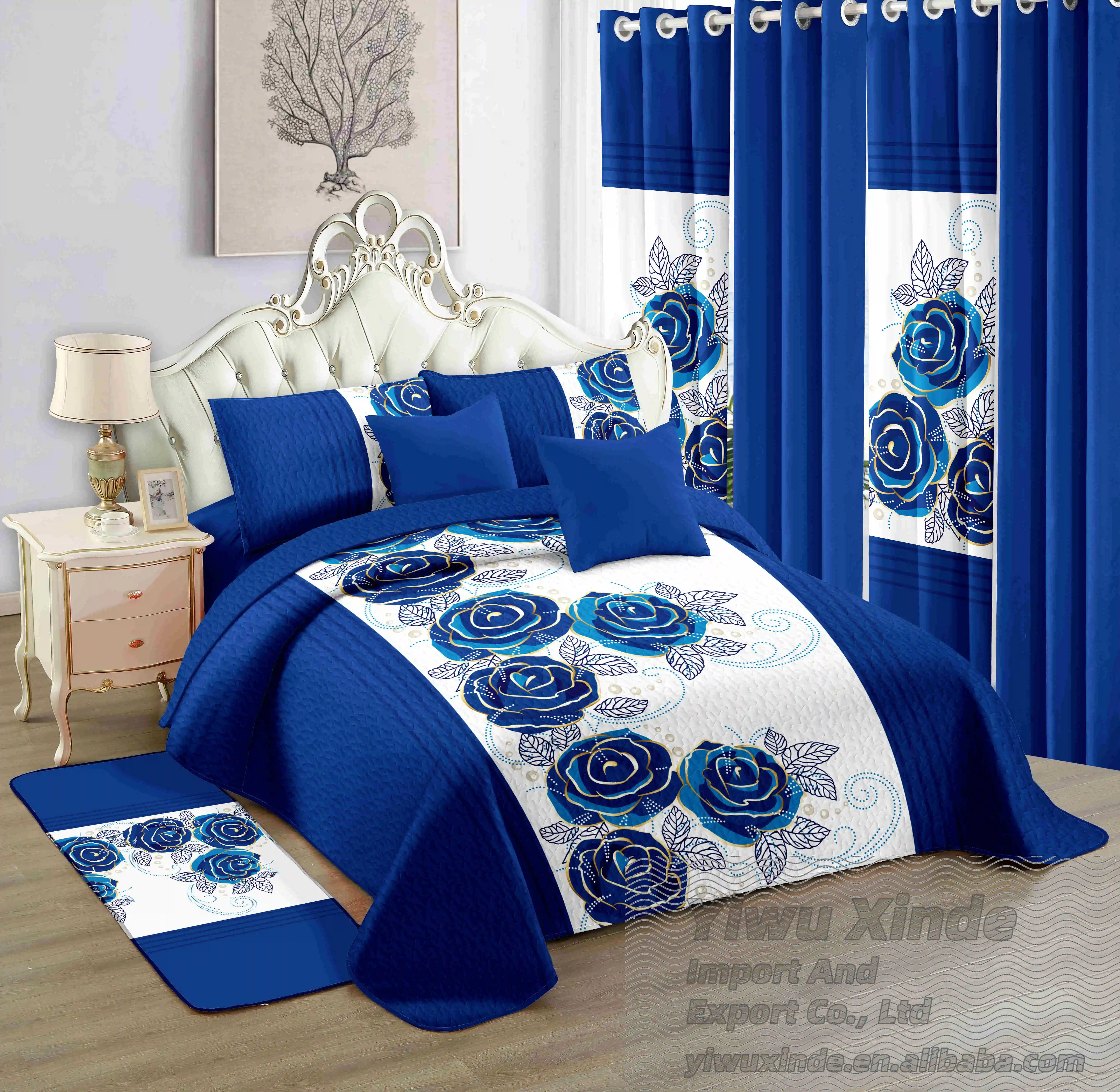 wholesale cheap 12pcs bedspread set with curtain king bedding set in stock customize cotton sheet bed spread set bedspreads