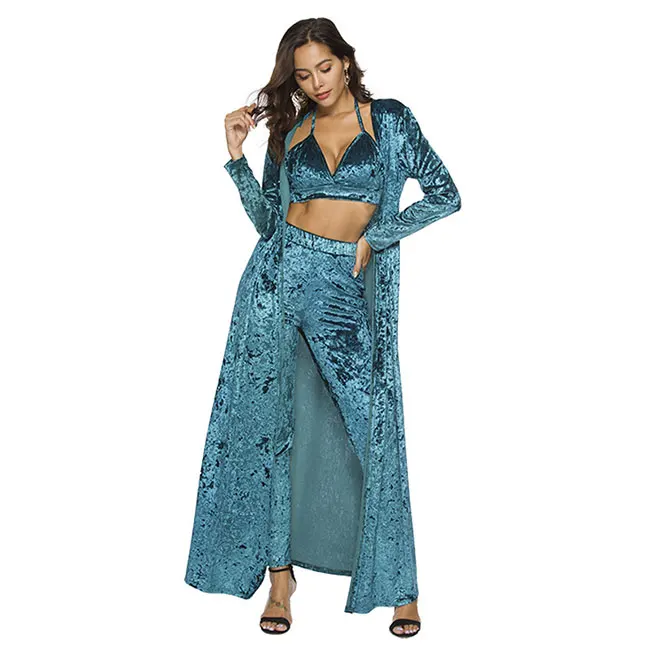 
Ladies Sexy Velvet Three Piece Coat Set with Strap Spaghetti Crop Top and Pants Party Club Wear Dress for Women 