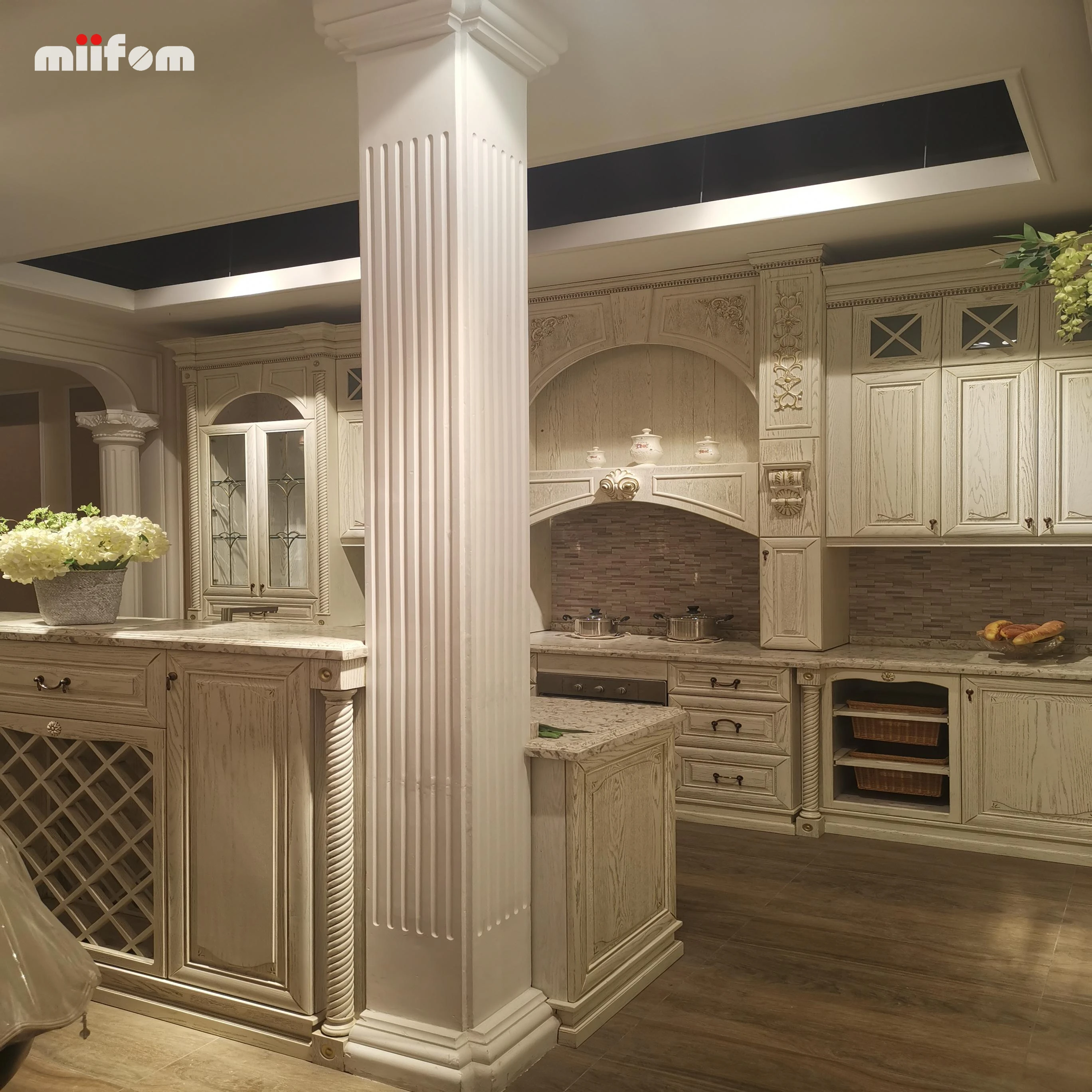 Victorian style European antique white wood grain lacquer kitchen cabinets