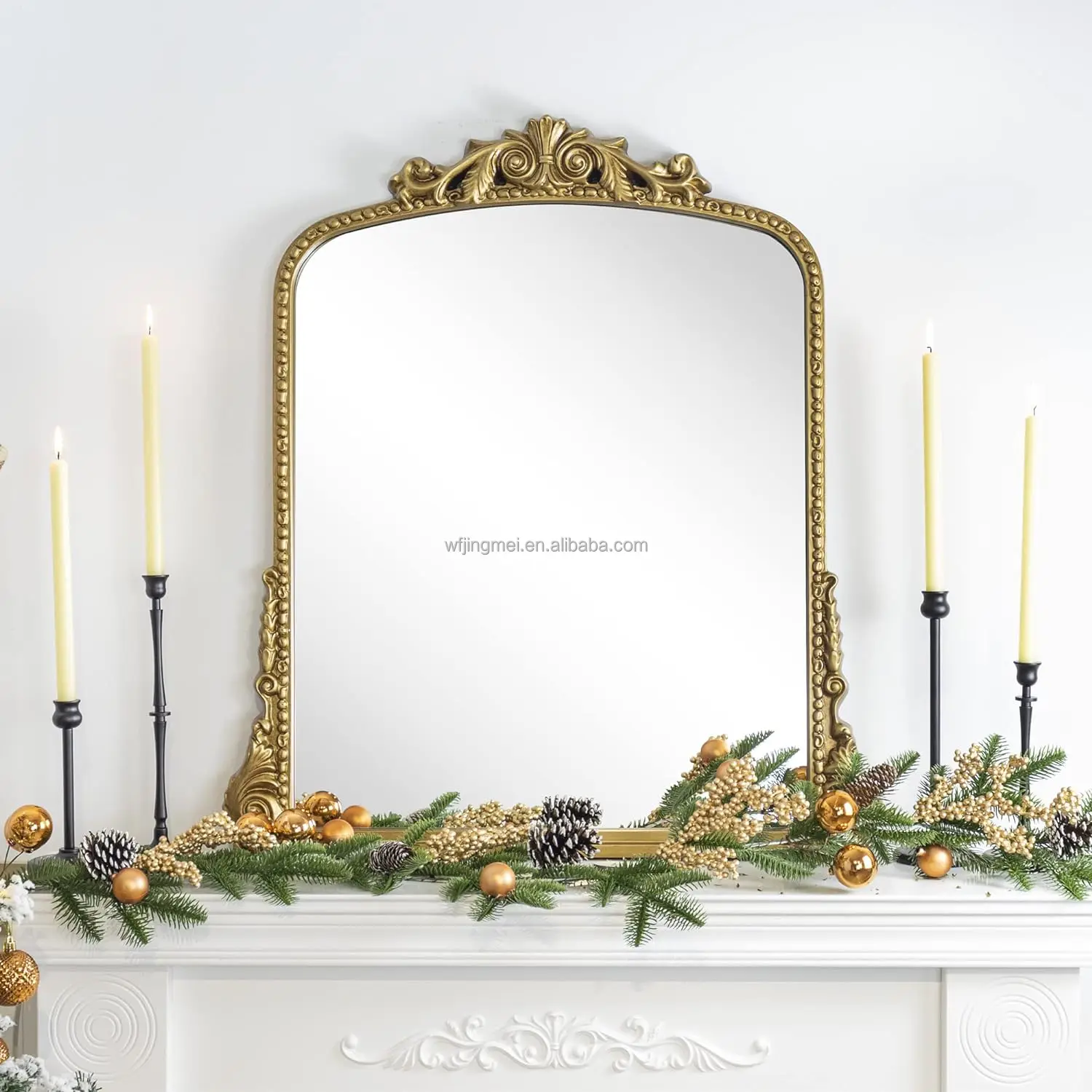 Antiqued Gold Ornate Mirror Arched Mantel Wall Mirror Baroque Inspired Bathroom Vanity Rectangle Wall Mounted Mirror