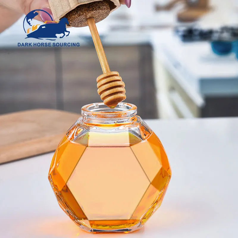 250g 220ml 380ml Hexagonal Glass Honey Jar Food Storage Bottle Jam with Wooden Lid for Home Kitchen