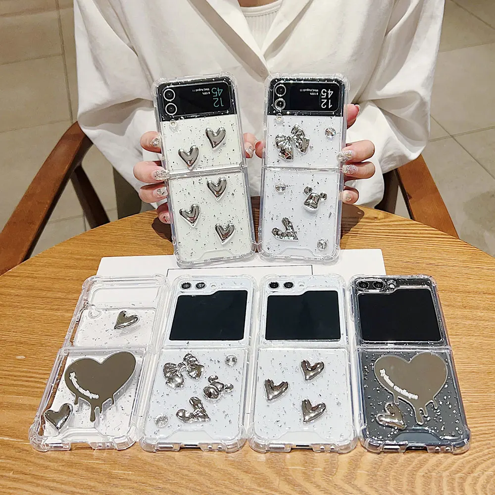 Laudtec SJK195 Electroplate Glitter Clear Love Heart Phone Case For Galaxy Z Flip5 Flip4 Flip3 5G Flip