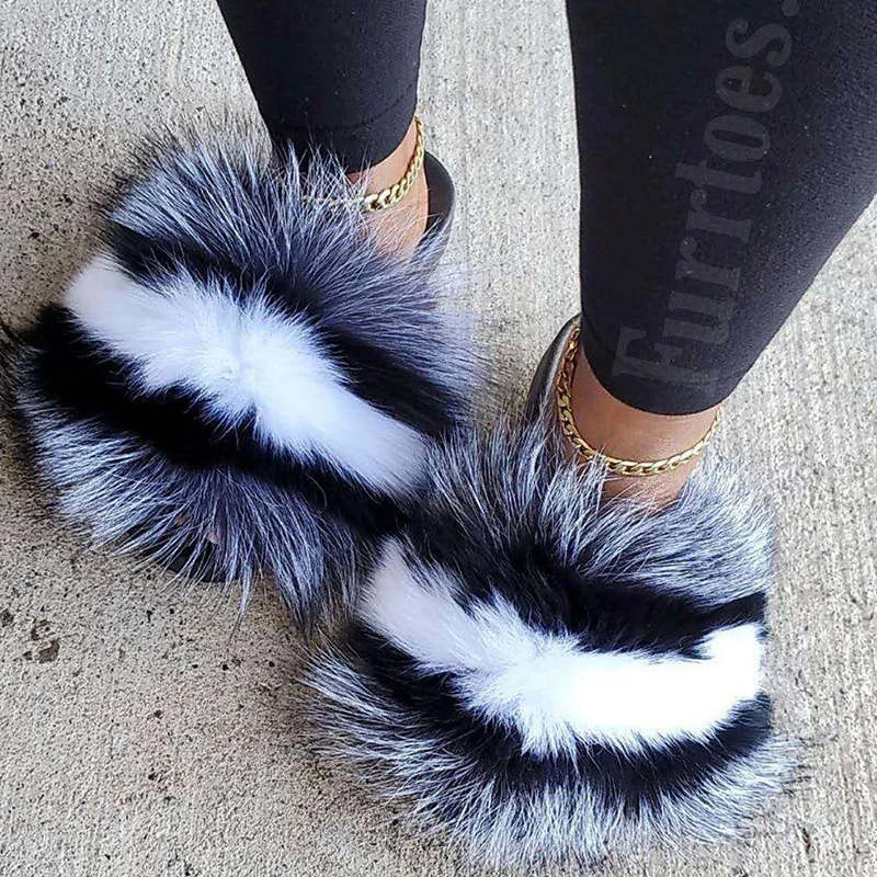 USA wholesale  custom furry fluffy Really fox raccoon  fur slides sandals for women and ladies kids toddler baby