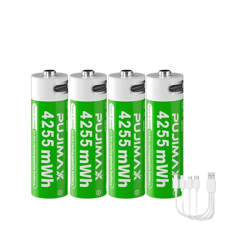 PUJIMAX 4PCS 4255mWh Constant Voltage Type C Charging Rechargeable Lithium Ion Batteries 1.5V AA Li ion Battery For Toy