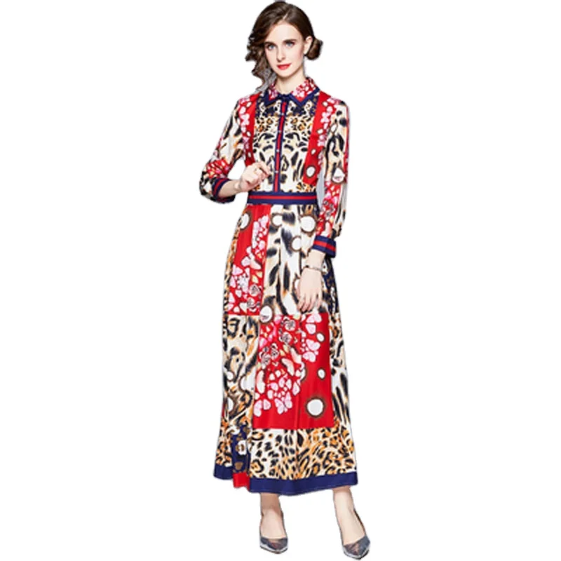 LDY6659075-New European and American fashion big brand positioning printing lapel long-sleeved large hem one-piece dress