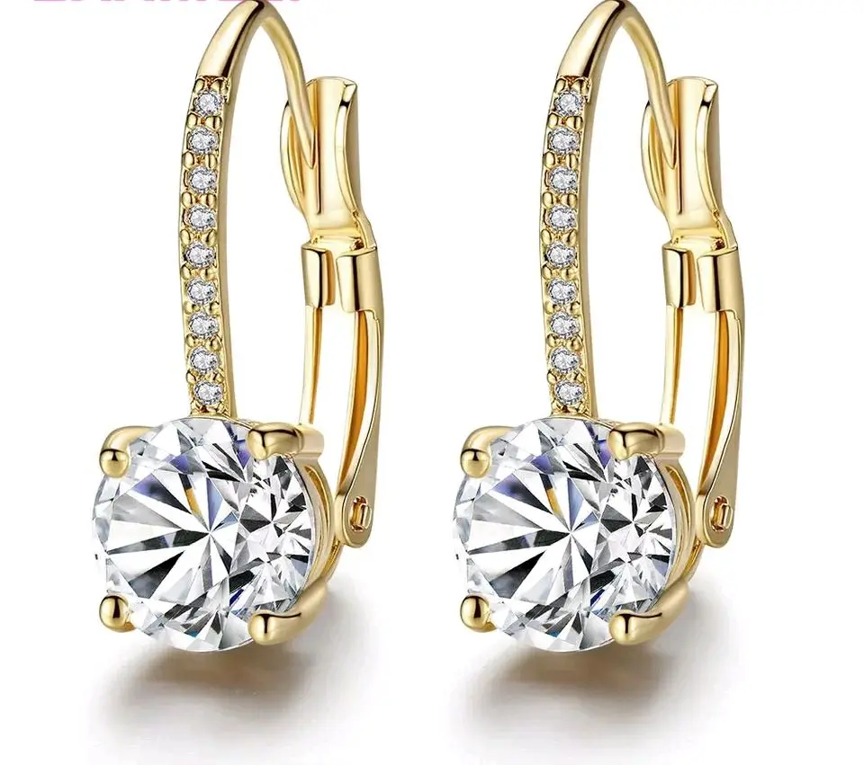 Fashion High Quality Round CZ Gold-plated Zircon Hook Huggie Clip Back Earrings For Girls Women Wedding Party Costume Jewelry