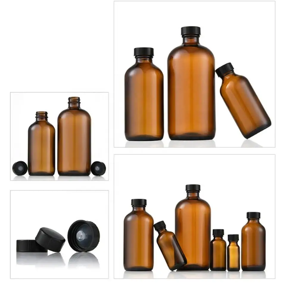 Customized Capacity Thick Glass Bottle 300 Ml 500 Ml 1000 Ml  Boston Round Amber Brown Glass Brown Spray Bottles