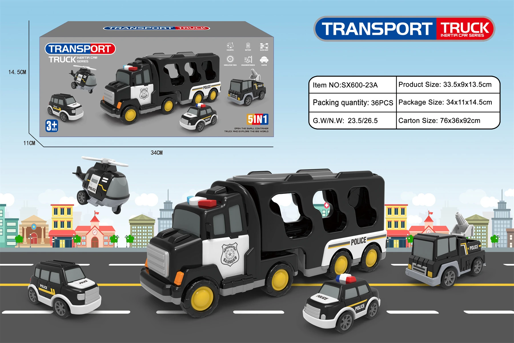 QW Hot Selling New Products in Stock Wholesale Boy Toys Black Inertia Lighting Music Transport Vehicle with Four Small Cars