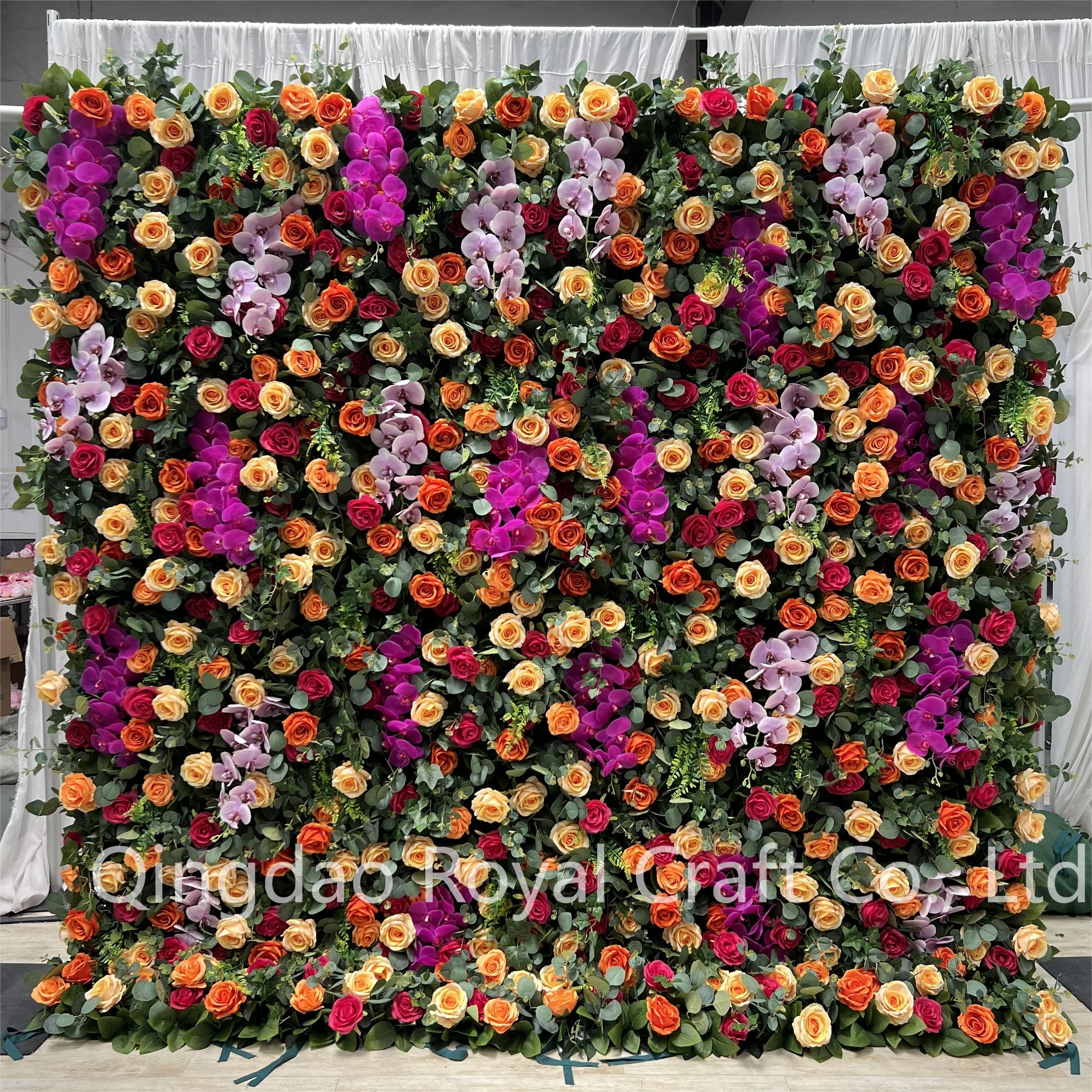 High Quality Hot Sale Birthday Decoration Fabric Back Roll Up Artificial Lilac Flowers Wall Backdrop  For Wedding