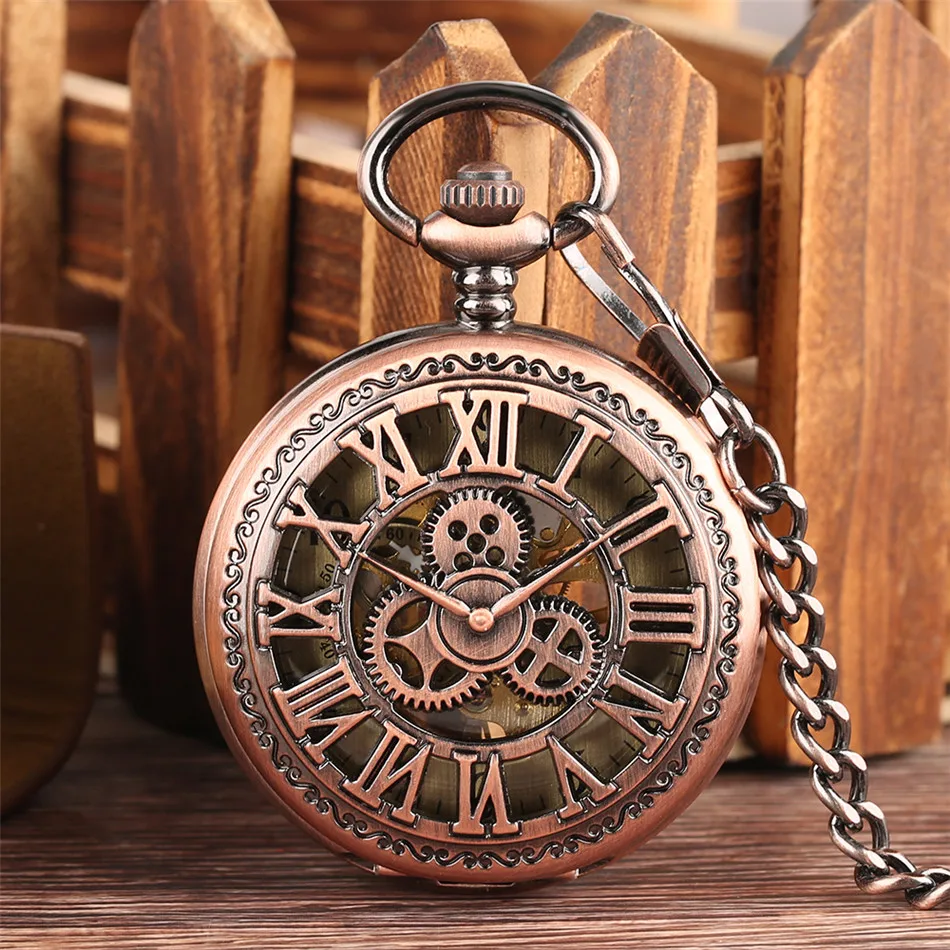 Black Gear Wheel Hollow Roman Numerals Pocket Watches Hunter Mechanical Pocket Watch Hand Winding Mechanical Pocket Watch