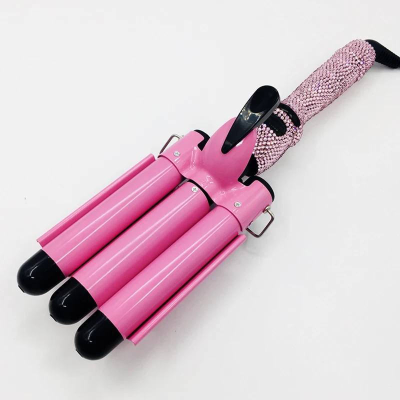 LCD Display Bling 3 Barrel Curling Iron Wand Triple Pink Crystal Hair Crimping Iron