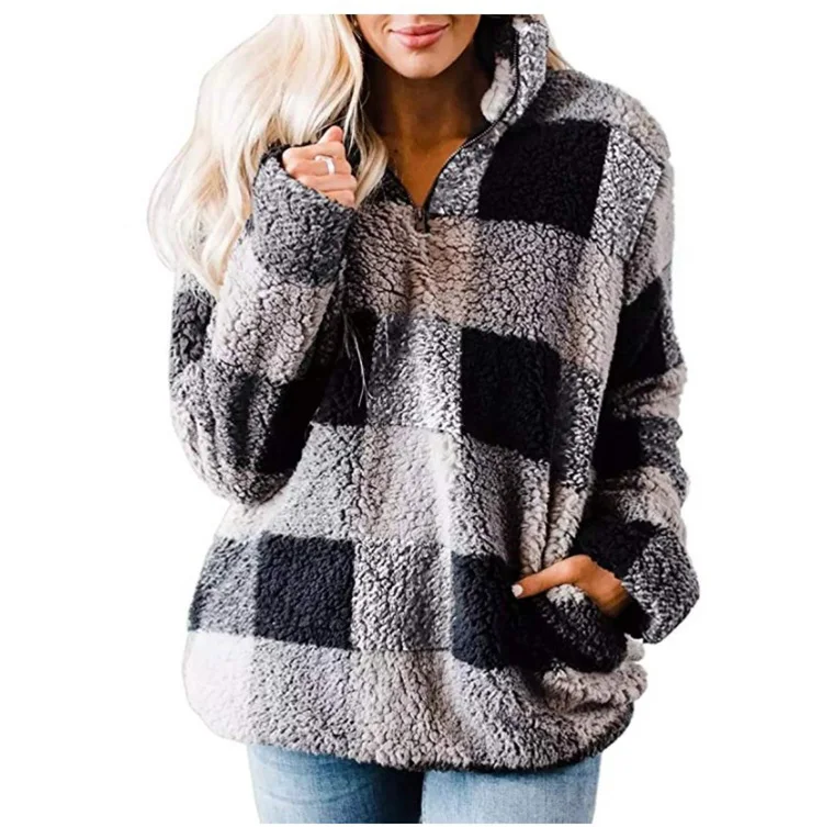 High Quality Woman Wool Plaid Coat Long Sleeve Warm Fleece Women Plaid Woolen Coat