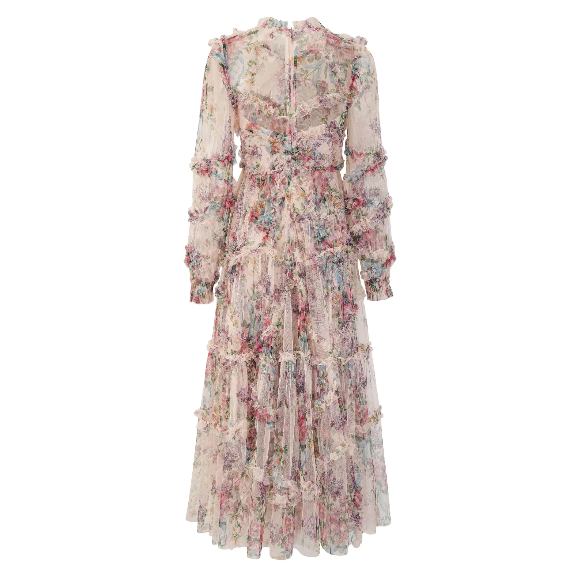 Pleat OEM Floral Long Sleeve  Mesh Long Women Ladies Dress Wedding Party Casual women undefined Mesh fabric for dresses