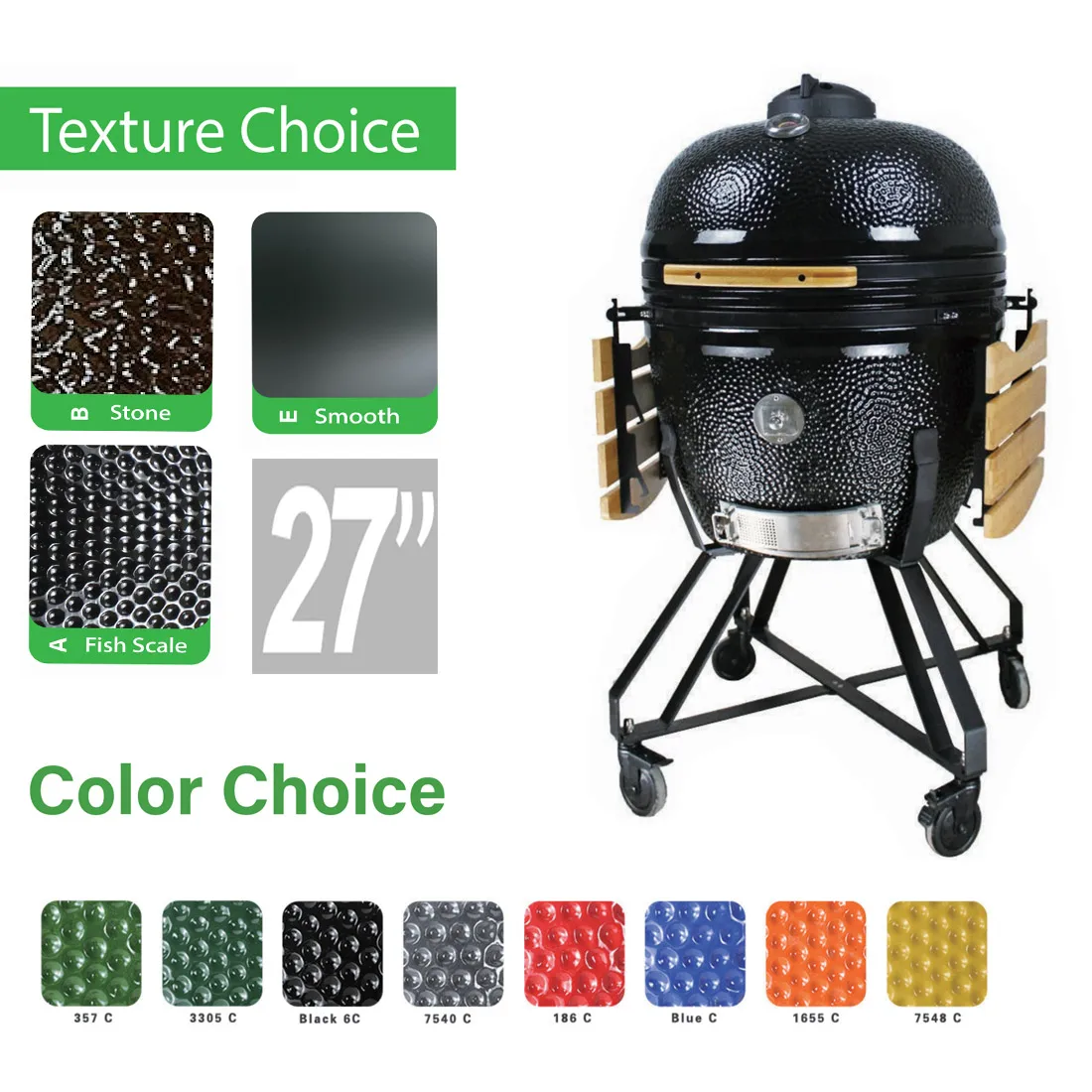 Auplex Kitchen Big Ceramic Kamado 27 Inch Green Charcoal Barbecue Egg Shape Bbq Grill Outdoor