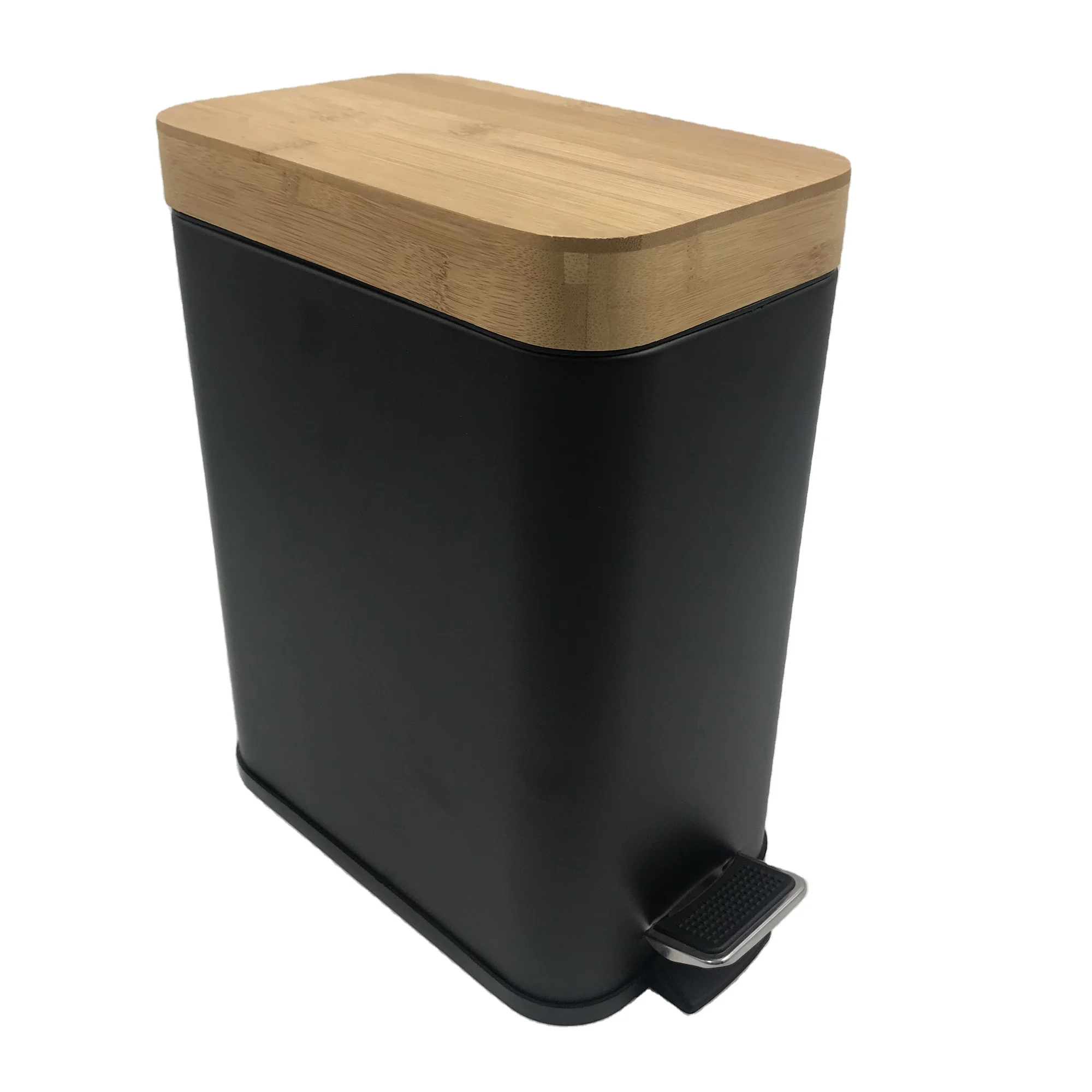 Factory Manufacture Space Save Rectangle Bamboo Lid Black Powder Coated Waste Bin Foot Petal Bamboo Trash Can