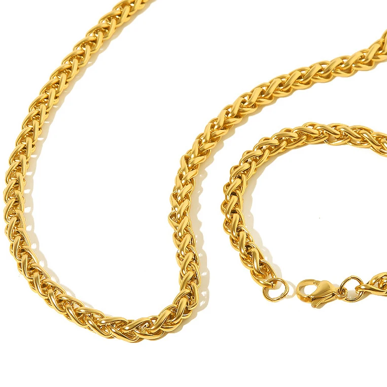 Factory Custom Fashion Mens 18k PVD Gold Plated Wheat Chain Necklaces Stainless Steel Chain For Jewelry Making
