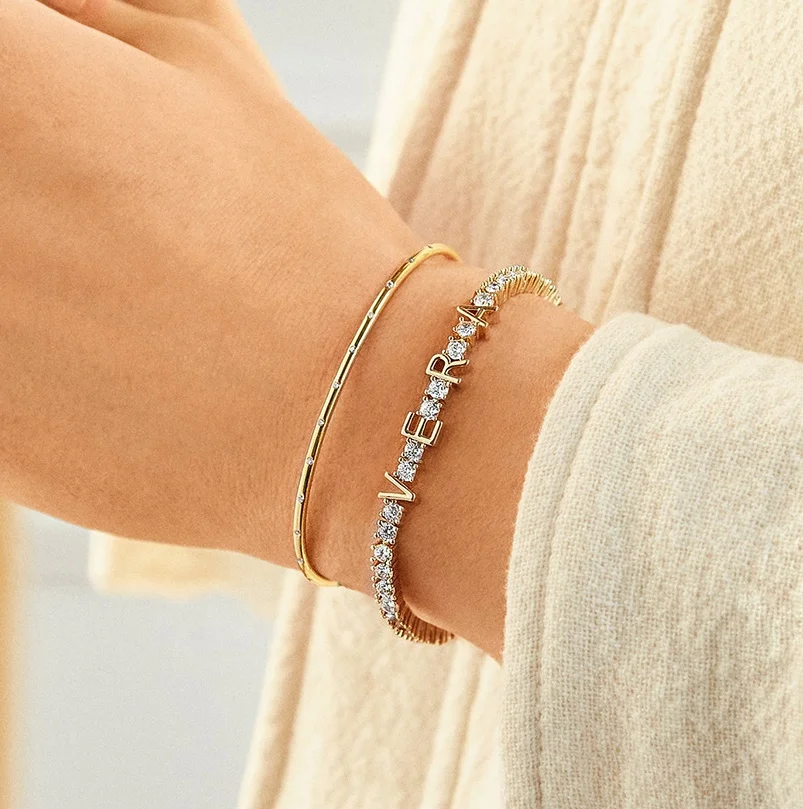 Gemnel classic fashion 925 silver oval 18k real gold plated pave zircon bangle for women jewelry