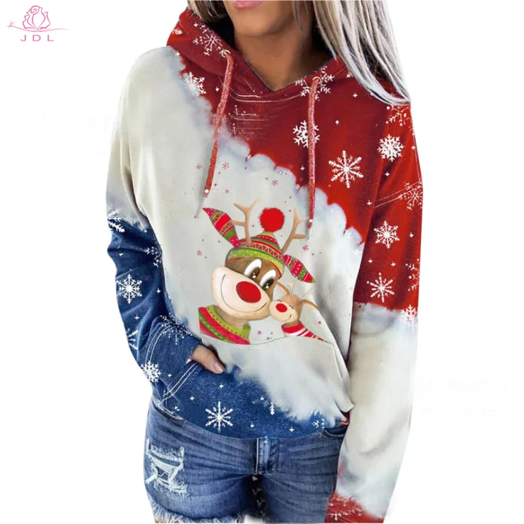 Женский свитшот с капюшоном, Зимний Рождественский свитшот с длинными рукавами и принтом в виде цветных блоков, высококачественные женские худи, простые свитшоты