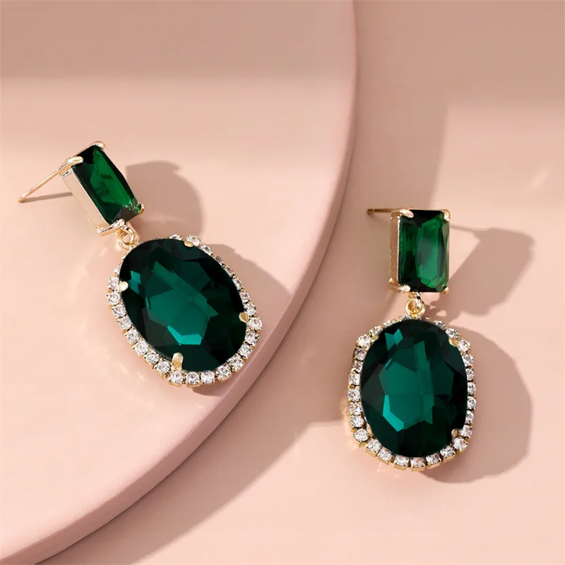 Vintage Circle Zircon Big Emerald Pendant Earrings Green Crystal Jewelry Dangle Earrings For Women