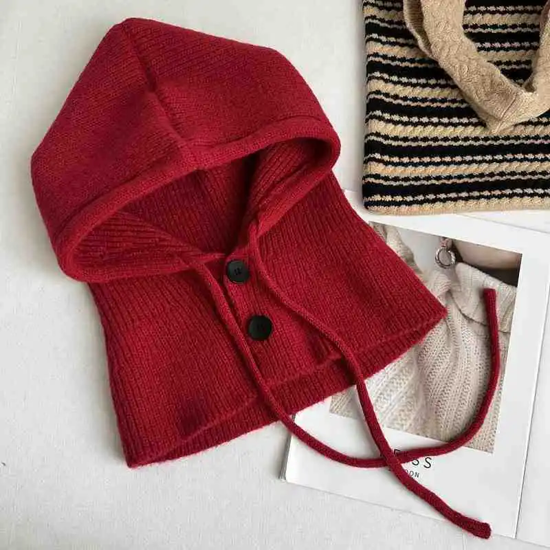 Winter Warm Scarf Hat Integrated Korean Version Solid Color Neck and Ear Protection Knitted Hat Big Head Waist Hat