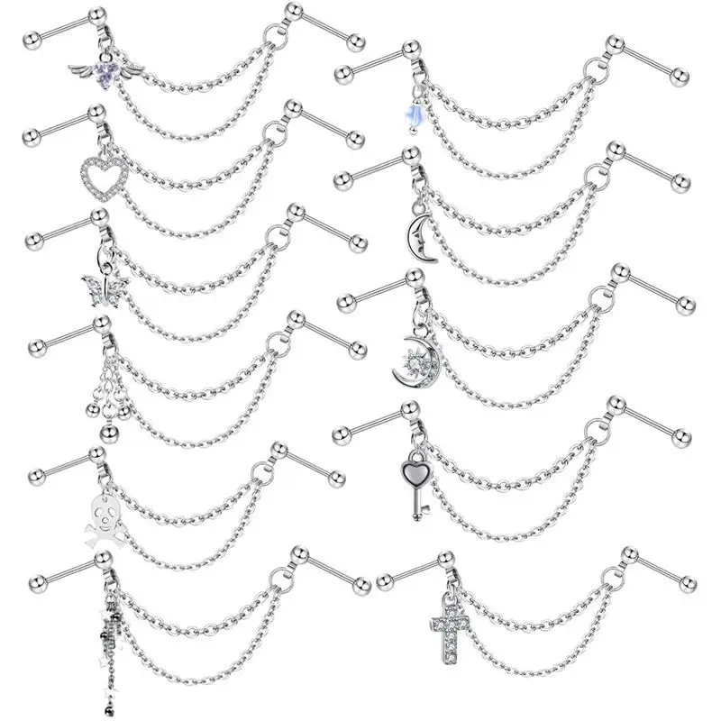 NUORO Punk Double Holes Double Chain CZ Star Moon Tassel Earrings for Women 316L Stainless Steel Chain Cartilage Helix Jewelry