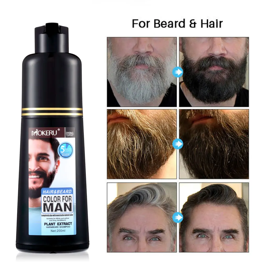 OEM Customize Black Shampoo Wholesale Mokeru 200ml 5 Mins Fast Black Hair Dye Shampoo for Men Hair Color and Beard Dye