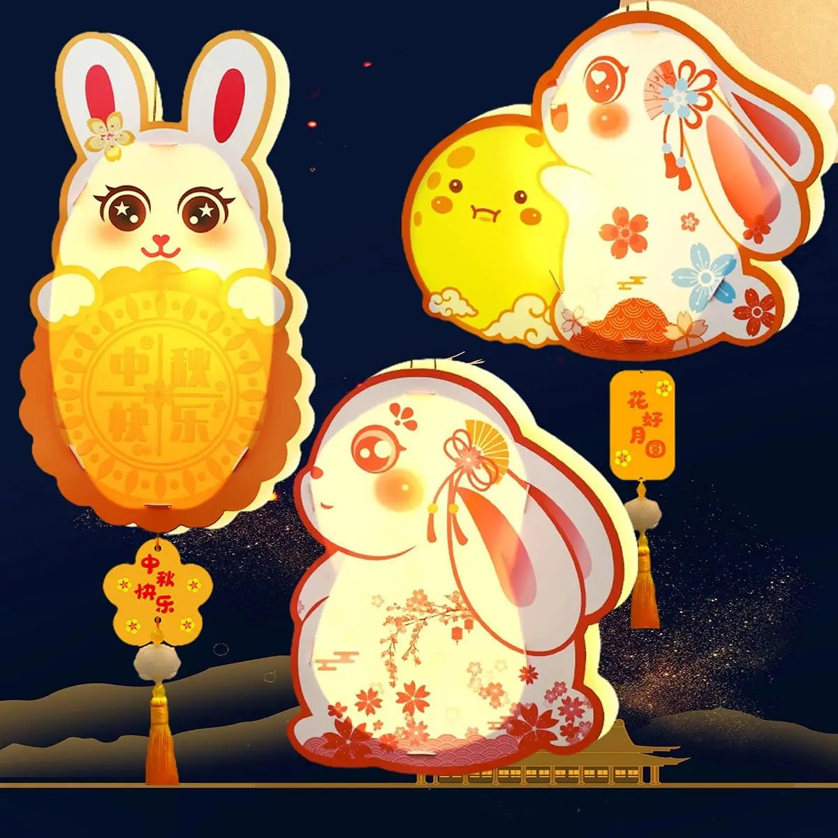 TSINYE Children Diy Handheld Light LED Mid-Autumn Festival Chinese Paper Lanterns Bunny Ornament Hand-Held Rabbit Lantern
