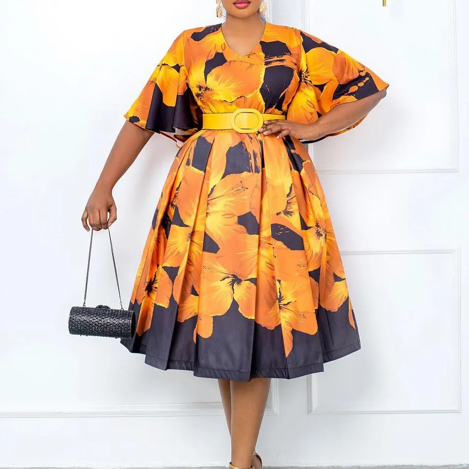 BOBOYU plus size africa clothing floral print flare sleeve ruffles dress with belt elegant casual dresses office wear for women