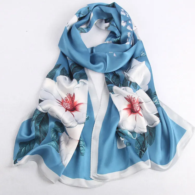 Big Size Luxury Fashion Ladies 100% silk Long Scarf Hijab Floral Printing Silk Satin Shawl For Women