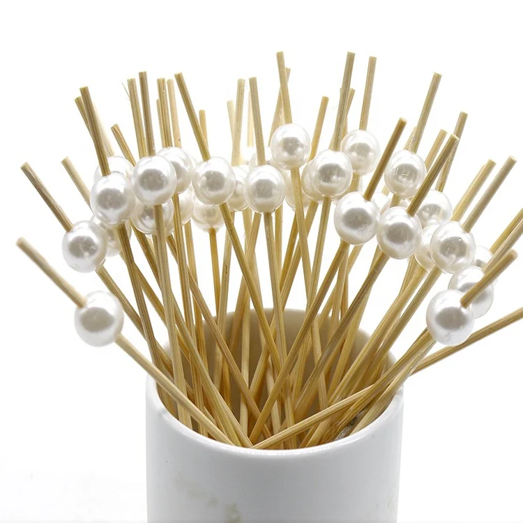 Bamboo Appetizer Skewers Cocktail Picks Handmade Bamboo Cocktail Sticks for Appetizers Fruits Desserts (White Pearls)