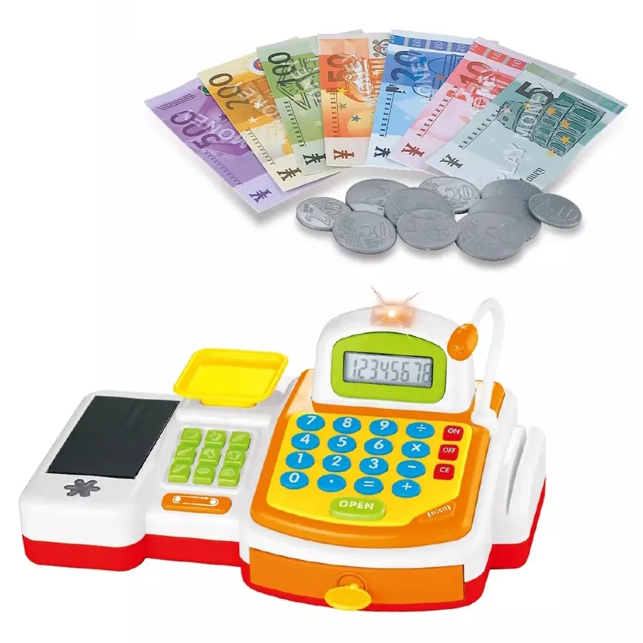 Children Cash Register Pretend Play Supermarket Shop Toys Cashier Calculator Set Scanner,Credit Card,Play Food,Money
