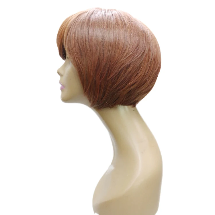 Novelties Wholesale High Fibre African Brown Bangs Blend Wig Pixie Curls Blunt Cut Colored Synthetic Hair Short Bob Ladies Wigs