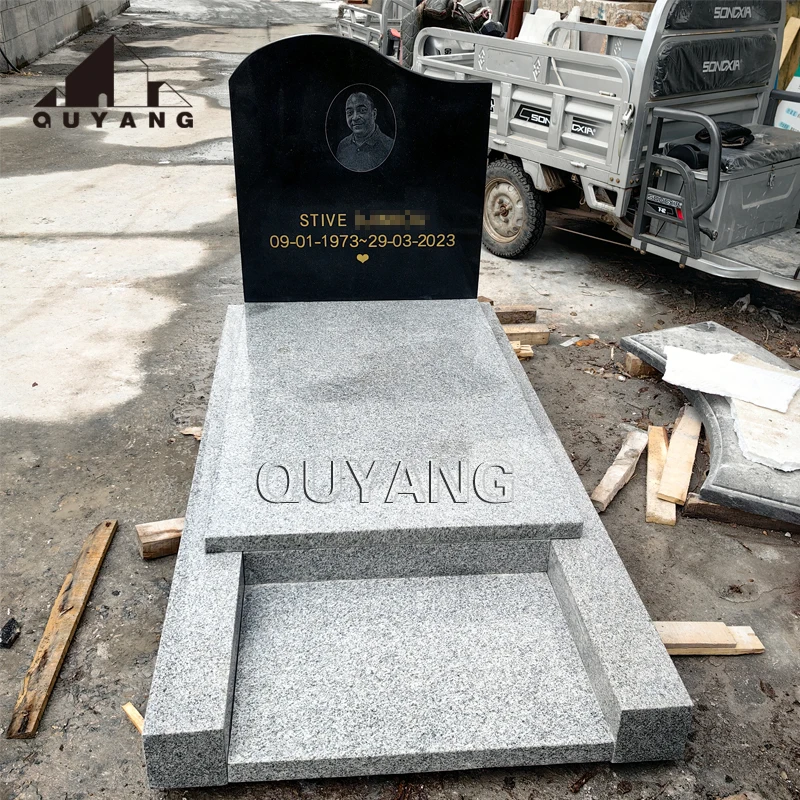 QUYANG Customized Monument European Headstone Design Largee Black Grey Granite Tombstone With Carved Picture