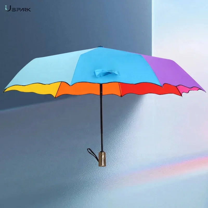 Colorful Rainbow Automatic Folding Umbrella Windproof Compact Travel umbrellas for women