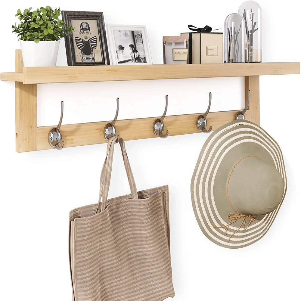 Hat Rack Hooks Bamboo Garment Coat Clothes Hanging Rack Coat Hanger With Storage