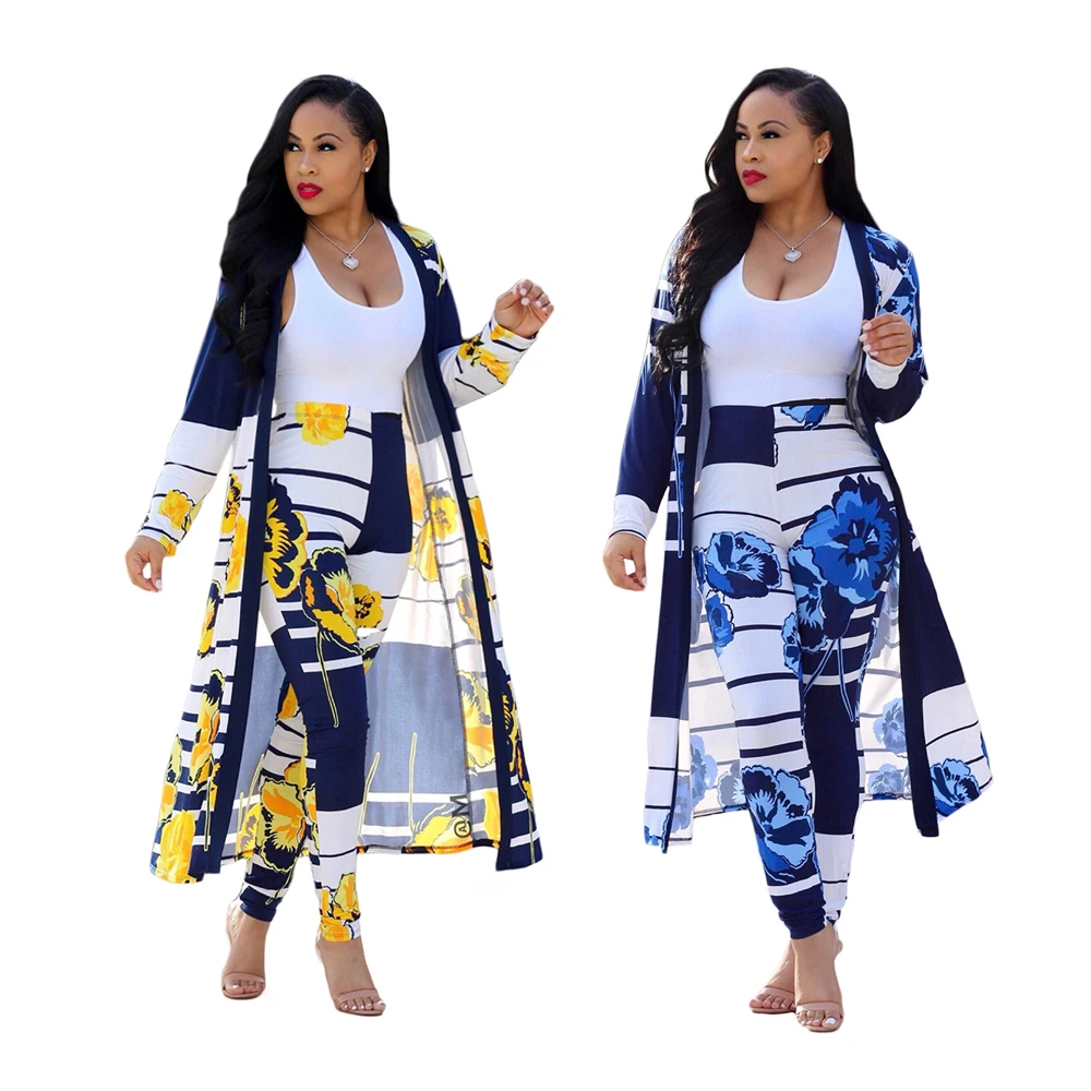 Sdress print trendy long coat and pencil pants women casual suit ladies 2 piece set