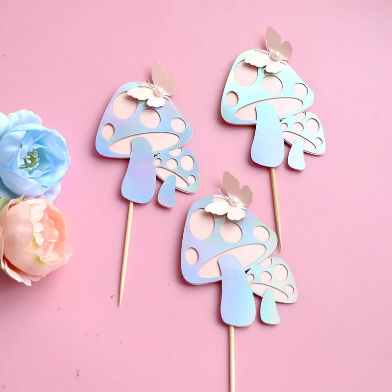 Ychon Fairy Mushroom Butterfly Themed Cupcake Picks Birthday Cupcake Toppers Plug-in Birthday Party Cake Decoration