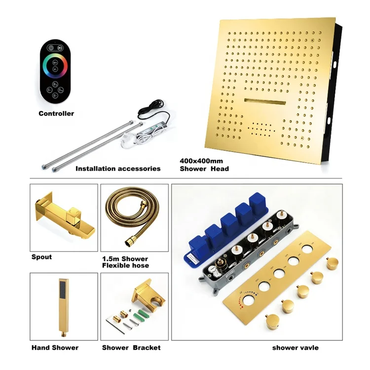 Золотой/Черный Потолок 400*400 мм музыкальная душевая лейка светодиодный Термостатический смеситель для ванной комнаты