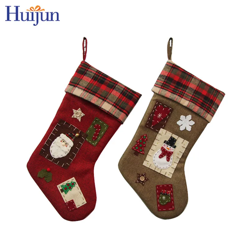 wholesale christmas crafts Huge Latest jute snowman santa Christmas quilting stockings xmas socks for Christmas tree decoration