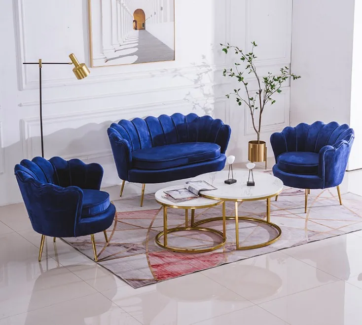 New Design Luxury Blue Velvet Accent Chair U Shaped Sofa Chair for Home Hotel Restaurant
