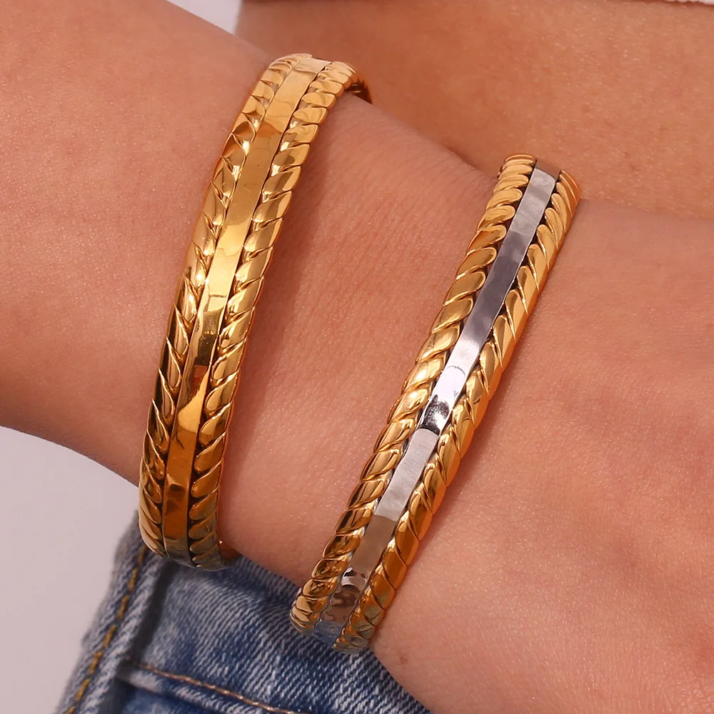Woven Waterproof Fasteners Stainless Steel Plated 18K Braided Open Bracelet for Women
