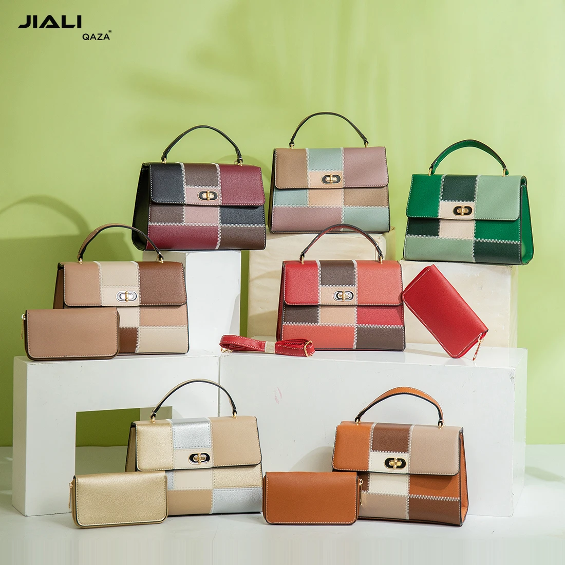 QAZA low price wholesale top quality luxury 2 in1 ladies hand bags 2024 fashion color blocking PU leather women shoulder handbag