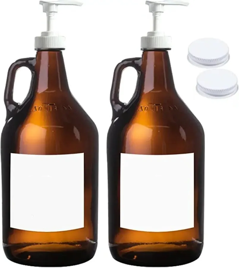 Large Jug with Pump for Liquid Soap Laundry Detergent Dispenser 2L Syrup Pump 64 oz Glass Pump Dispenser Amber Bottle